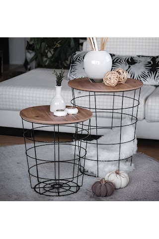 Tel Saklama Sepetli Zigon Metal Orta Sehpa 2’li