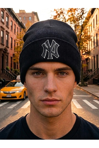 Hamze Ny New York Nakışlı Unisex Pamuklu Akrilik Kışlık Bere Siyah - Beyaz