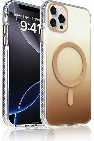 Techaks Apple Uyumlu iPhone 14 Pro Max Kılıf M-safe Şarj Özellikli Transparan Renk Geçişli Tchs Toros Kapak - Gold Altın