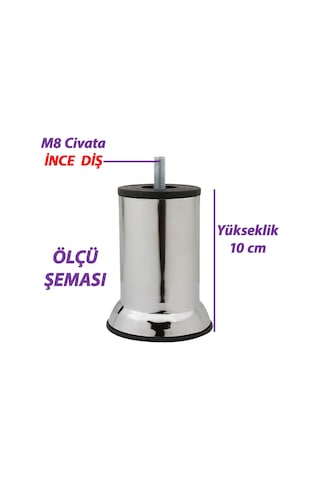 8 Adet Metal Destek Ayağı 10 Cm Krom Mobilya Kanepe Baza Koltuk Ünite Ayakları Metrik 8 Civatalı İnce Diş