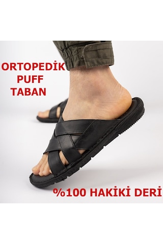 Ayakkabiburada 034 Günlük Tam Ortopedik Hakiki Deri Erkek Terlik Puff Taban Siyah