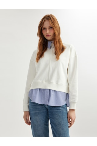Koton İki Farklı Kumaş Kullanımlı Uzun Kollu Pamuklu Gömlek Yaka Sweatshirt Beyaz 5sak10188ek Beyaz