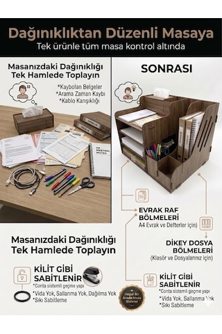 Mrx-org Desk 01 Masaüstü Organizer Peçetelikli Çok Amaçlı Masa Düzenleyici, Raflı Dosyalık Ceviz