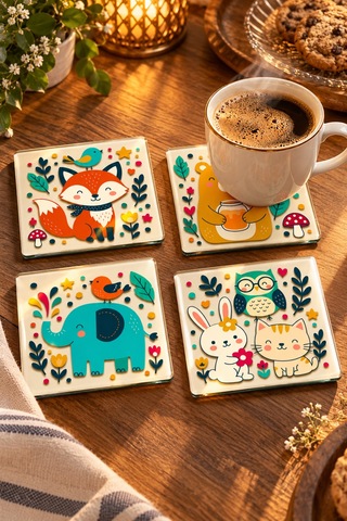 Gökçeoğlu Cam Bardak Altlığı Orman Hayvanları Temalı 4'lü Takım 10cm X 10cm Çok Renkli
