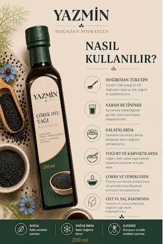 Yazmin Çörek Otu Yağı 250 Ml Cam Şişe Soğuk Sıkım %100 Saf Doğal Çörek Otu Yağı