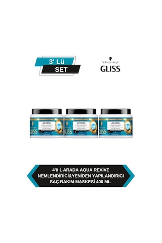 Gliss Aqua 4'ü 1 Arada Nemlendirici & Yeniden Yapılandırıcı Saç Bakım Maskesi 3 x 400 ML