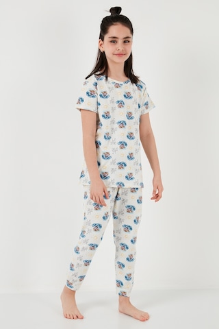 Lela % 100 Pamuk Bisiklet Yaka Kısa Kollu Kız Çocuk Pijama Takımı 6651004 Ekru-Mavi