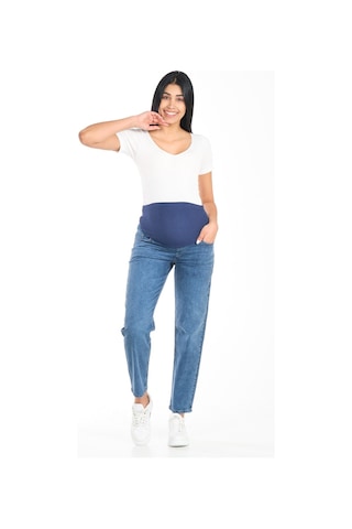 Busa Hamile Esnek Karın Bantlı Arka Kemerli Mom Fit Kot Pantolon Mavi-mavi