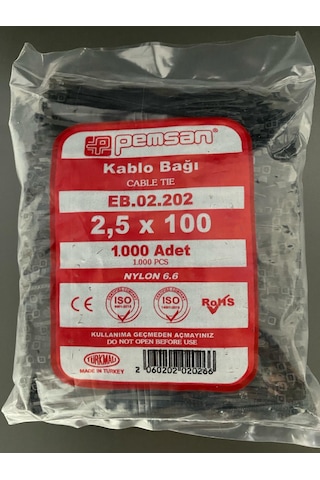 Pemsan - 1000 Adet -10cm X 2,5mm Plastik Cırt Kelepçe- Siyah