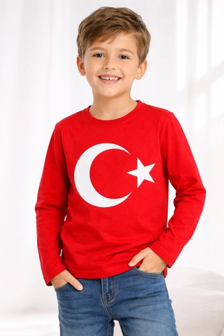 Uğur Bebe Mco Marka Kırmızı Türk Bayraklı Uzun Kollu Çocuk Tişört %100 Pamuk Rahat Kırmızı Kırmızı