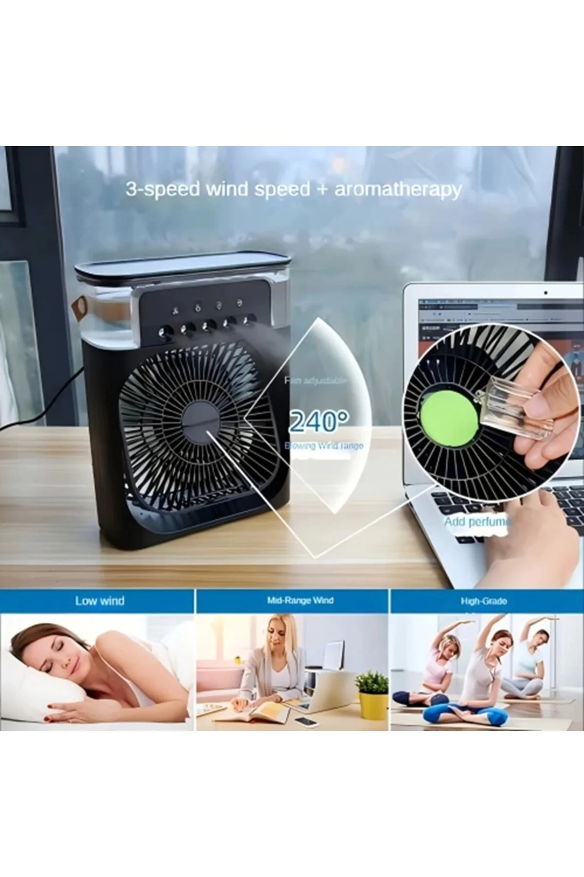 Yeni Işıklı Klima 600ml 5 Spreyli Vantilatör Buzlu Buharlı Mini Klima Mini Fan Buzlu Fan Glr -
