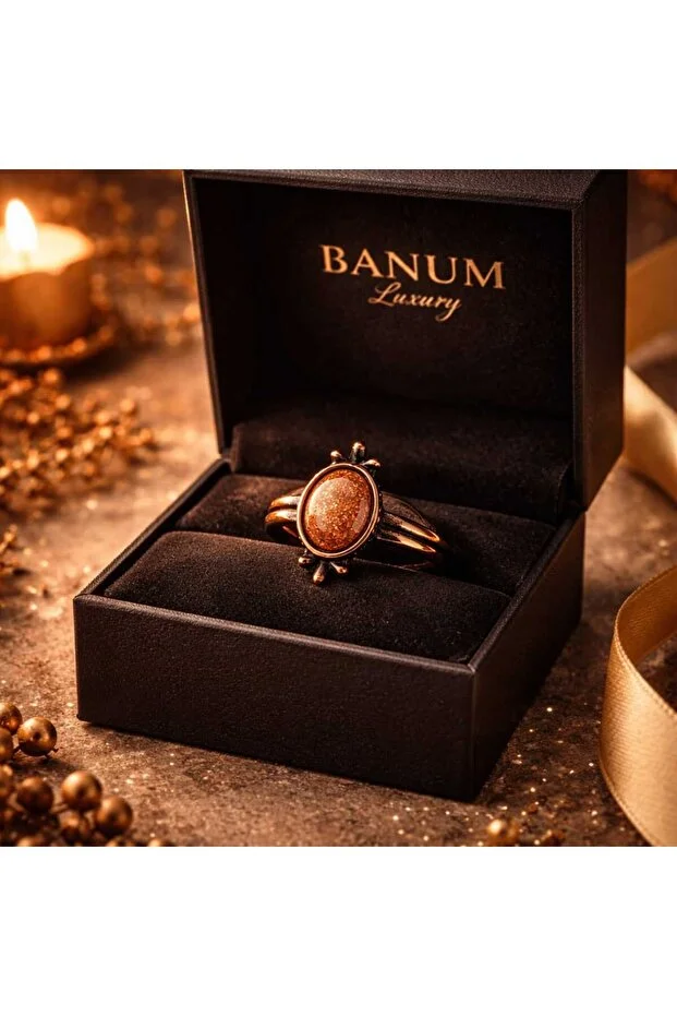 Banum Luxury Zarif El İşi Doğal Yıldız Taşlı Bakır Yüzük Kahverengi