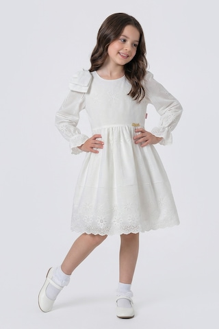 Pina Kids Kız Çocuk Omzu Fiyonk Detaylı Uzun Kollu Fisto Elbise Beyaz