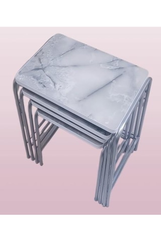 1448bng90220 Zigon Sehpa Demet Metal Model Nikelaj Ayak Ahşap Mermer Dalgalı Desen