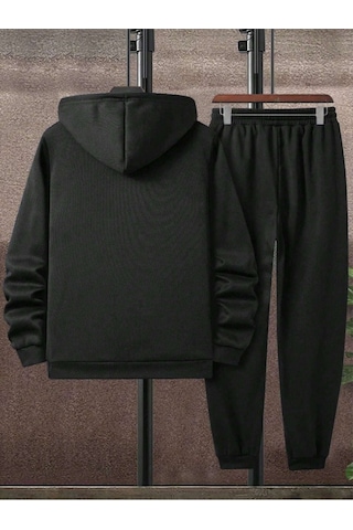 Fresh Eşofman Takımı Sweatshirt Jogger - Siyah Baskılı Şardonlu Kapüşonlu Siyah