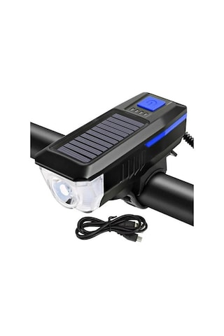 Güneş Enerjili Usb Şarjlı Bisiklet Lambası Solar Fener Ön Far Işık Aydınlatma Kornalı Mavi