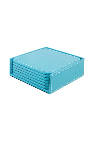 Bardak Altlığı,6 Lı Set,masaüstü Kare Cup Coaster,vegan Suni Deri,11x11 Cm.,turkuaz