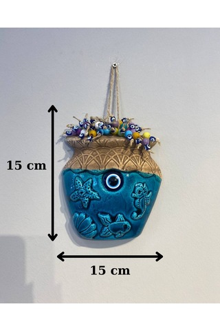 El Yapımı Nazar Boncuğu, Duvar Dekorasyon Ürünü, Seramik, El İşçiliği, Turkuaz Renkte Vazo Desenli -