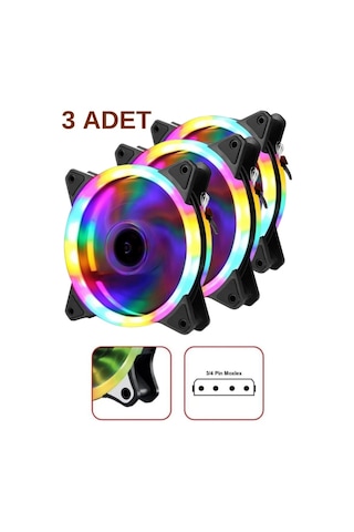 Molex Girişli 3lü Sessiz Renkli Fan 12cm Rainbow Kasa Fanı Rgb