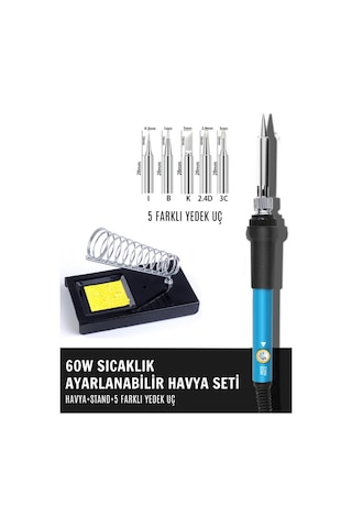 ST-60 Model Profesyonel 60W Isı Ayarlı Havya + Stand + 5 Kaliteli Yedek Uç
