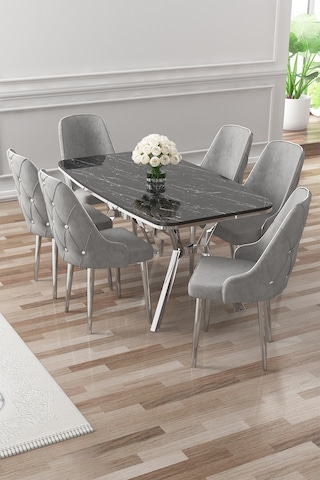 Canisa Asel Serisi 90x160 Lak Panel Siyah Mermer Desen Krom Detay Masa Takımı Ve 6 Gri Sandalye Siyah Mermer Masa Sandalye Gri Krom Detay