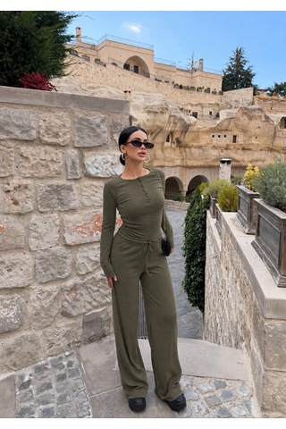 Evoa Kadın Haki Basic Düğmeli Bluz Ve Bol Paça Pantolon Takım