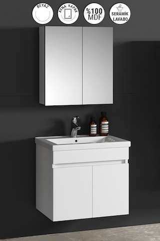 65 Cm Çiğdem Beyaz Mdf Seramik Lavabolu Asma Banyo Dolabı Takımı Beyaz