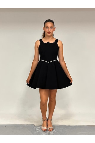Kız Çocuk Abiye Siyah Krep Kısa Bel İnce Şerit Taş Detaylı Taş Kısa Abiye Elbise 10-15 Yaş Siyah