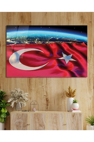 Soyut Türk Bayrağı Cam Tablo Modern Ofis Makam Odası Hediyelik Büyük Tablo Duvar Dekoru