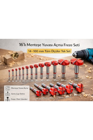 Senbang Menteşe Yuvası Açma Freze Matkap Ucu Seti 16 Lı 14 100 Mm Ahşap Panç Set