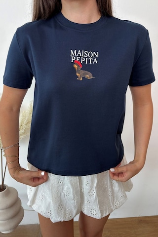 Giysa Kadın Bisiklet Yaka Maison Köpek Baskılı T-shirt Lacivert - 26y 4444