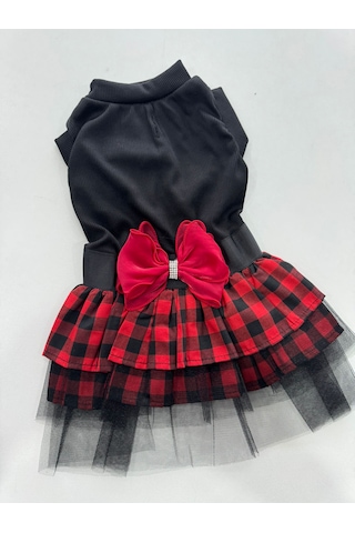 Miniş Pet Butik Kırmızı Fiyonk Detaylı Tütülü Kedi Köpek Elbisesi Siyah M