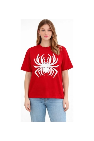 Butik İstanbul Örümcek Baskılı Tişört Kısa Kollu Bisiklet Yaka T-shirt - Kırmızı