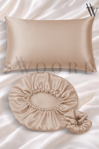 Swoord Bej Saten Yastık Kılıfı + Bone Ve Toka Kıvırcık Ve Düz Saçlar İçin