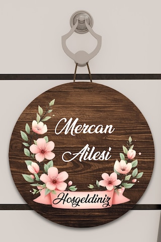 Dijital Baskı Ahşap, Yarım Çember Pembe Çiçek Desenli, Kişiye Özel Kapı Süsü, Duvar Süsü
