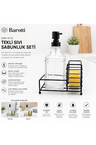 Barotti Dmr-9779 Sıvı Sabunluk Seti 500ml Cam Şişe Siyah Pompa Siyah Metal Stand Diğer