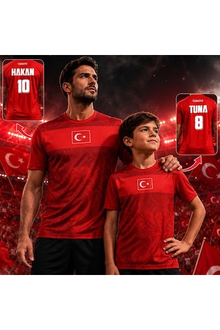 Bk Gift Kişiye Özel İsimli Ve Numaralı Baba&oğul Set Türkiye Milli Takım Forması - Tek Yürek Milli Takım Ruhu Kırmızı