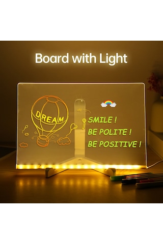 Hombey 30x20cm Led Işıklı Akrilik Çocuk Tahta - Silinebilir Kalemli, Masaüstü Dıy Boyama Tablosu + Ayağa + Temizlik Bezi Çok Renkli