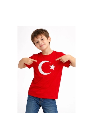 Primemağazam Erkek Çocuk Tişört Bisiklet Yaka Ay Yıldız Bayrak Baskılı T-shirt - Kırmızı Çeşitli