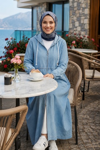 Hb Harma Time Butik Kadın Kapüşonlu Fermuarlı Cepli Açık Mavi Kot Kap