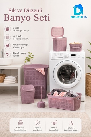 Jute Çeyiz Seti 6 Lı Plastik Banyo Mutfak Dolap İçi Düzenleyici Sepet Kutu Çöp Kovası Seti Karışık Renk Siyah