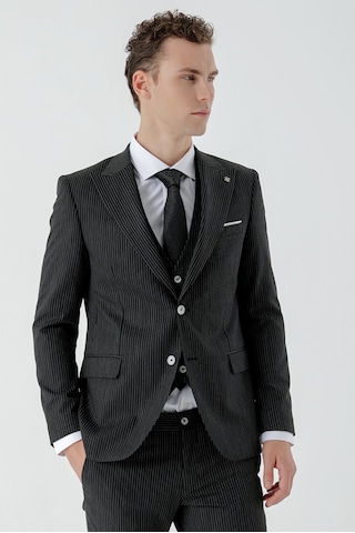 Morven Erkek Siyah Poliviskon Trend Yelekli Çizgili Desen Slim Fit Sivri Yaka Takım Elbise Siyah