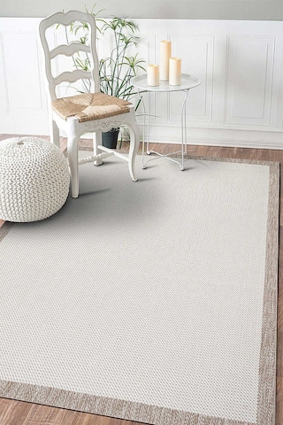 Kaymaz Yıkanabilir Minimal Bordürlü Krem Dekoratif Sisal Halı Siesta 1502 Siyah - Beyaz