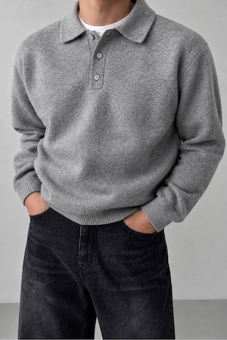 Serablanka Erkek Polo Yaka Oversize Triko Kazak Rahat Kalıp Gri