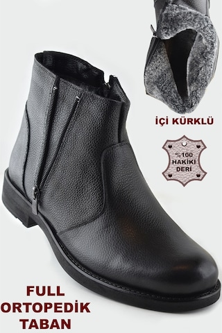 3405 İçi Kürklü Hakiki Deri Erkek Bot Ayakkabı Ortopedik Taban Fermuarlı Deri Bot Siyah