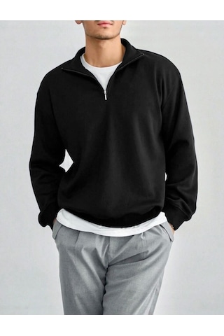 Harmandar Siyah Erkek Baskısız Dik Yaka Yarım Fermuarlı Düz Kazak Sweatshirt Siyah
