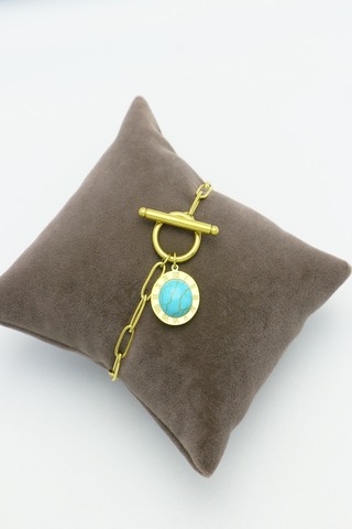 Altın Kaplama Seri Kararmaz Turkuaz Taşlı Roma Rakamlı Çeli Gold Altın