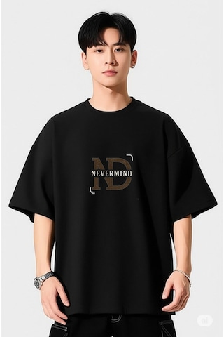 Nevermind Baskılı Oversize Tişört Erkek Streetwear T-shirt Siyah