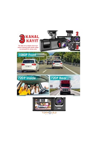 1080p Dash Cam Full Hd Araç İçi Kamera Ön Arka Ve İç Kayıt 3 Kamera Gece Görüşlü G Sensör Geniş Açı