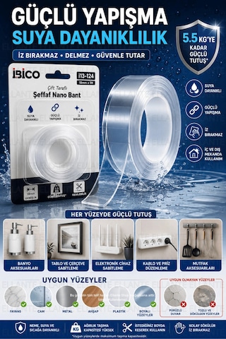 Çift Taraflı Şeffaf Nano Bant 18 Mm X 1 Metre Güçlü Yapışkan İz Bırakmayan Suya Dayanıklı Montaj Ban